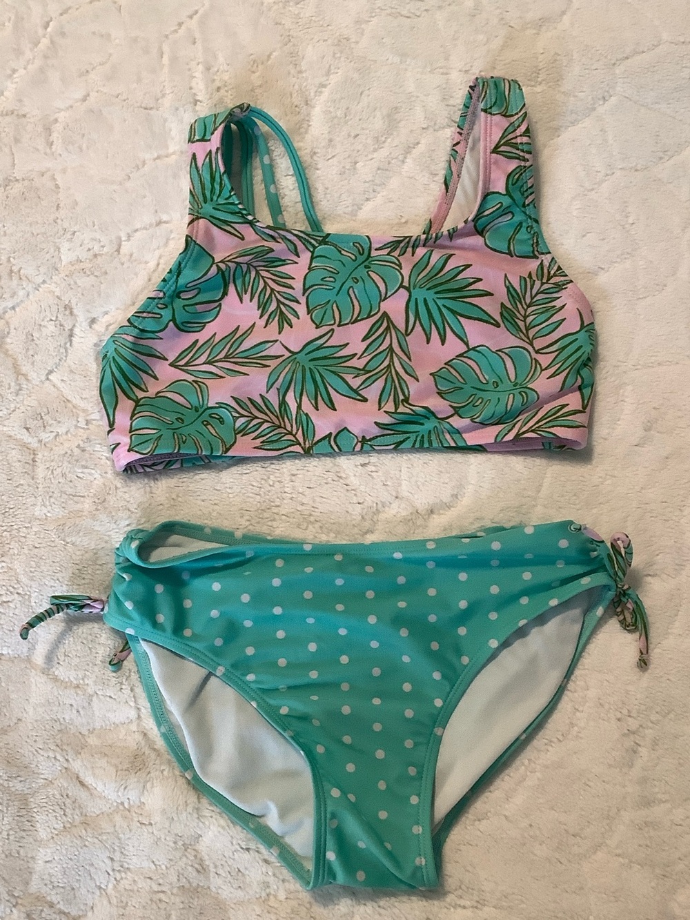 Cat & Jack Pink Leaf Print Bikini Top with Teal Polka Dot Bottoms 10/12